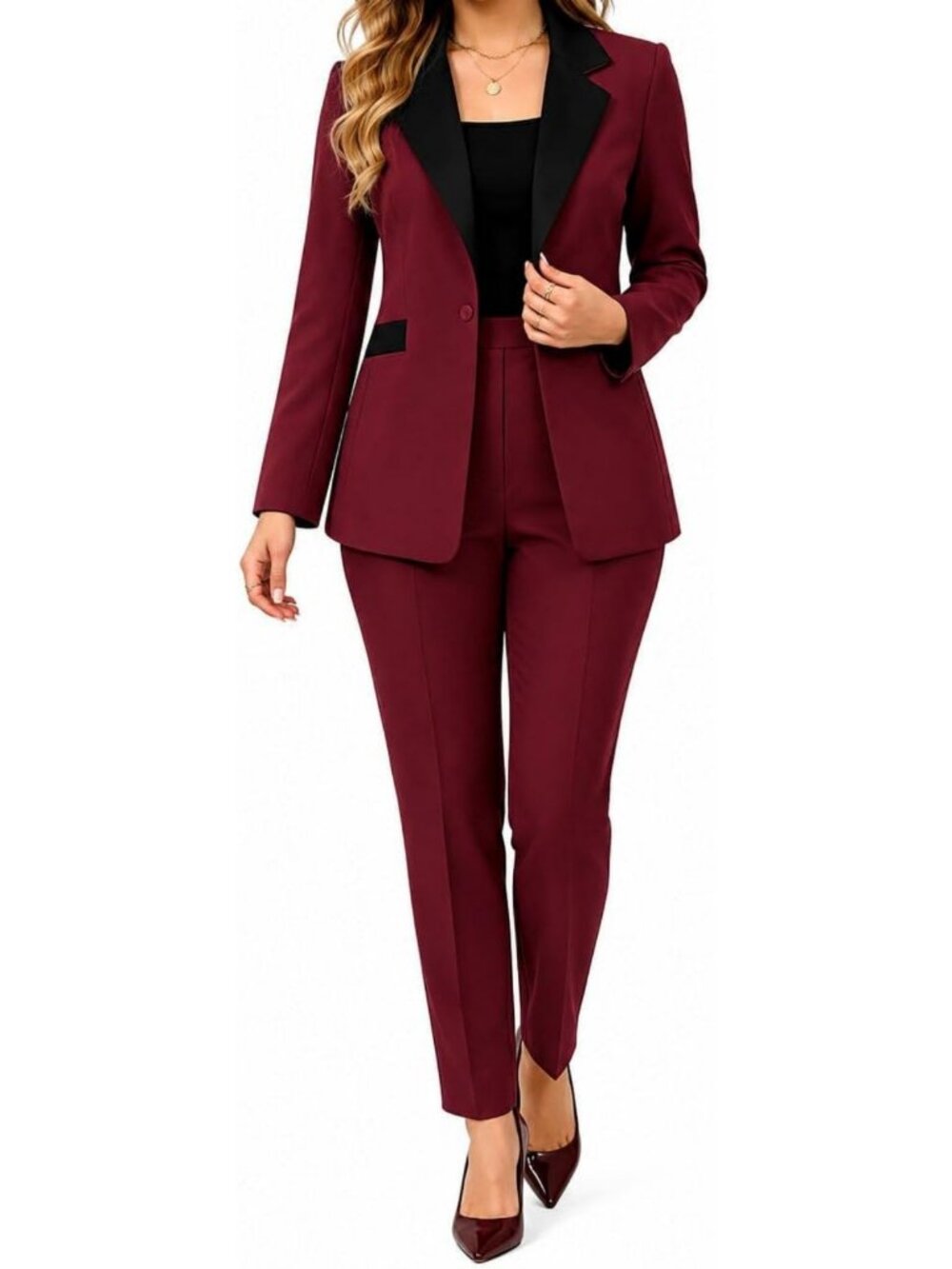 Chic Women's Blazer & High Waisted Straight Leg Pants Set - Dressy Casual Outfit - Picture 7 of 7